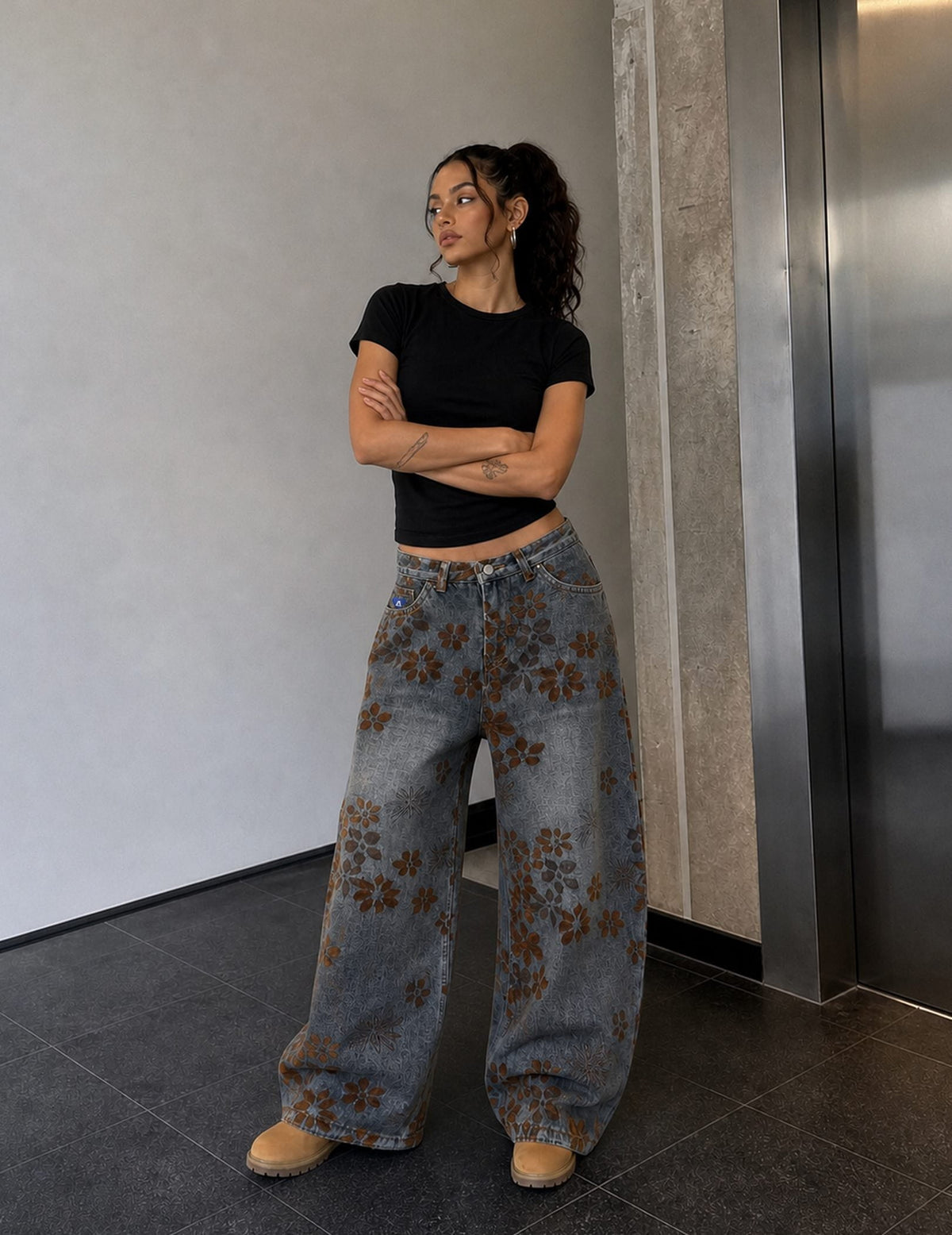 [Pre-Order] Aelfric Eden Flocked Floral Baggy Barrel Jeans